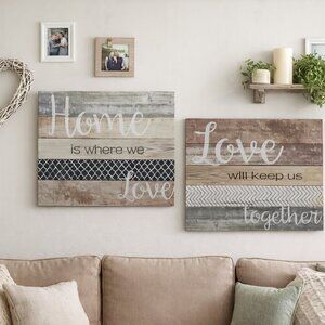 2pcs HOME & LOVE Wall Decor Rustic Wood Finish Signs Chevron Lattice Cottagecore